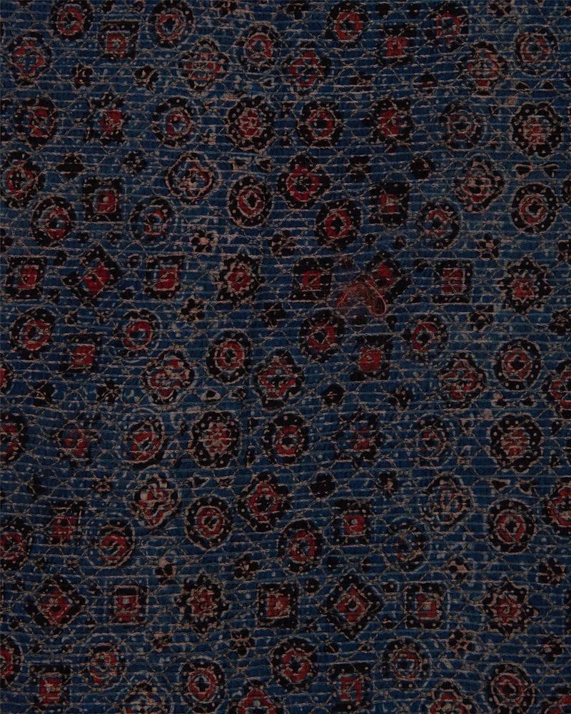 Slub Silk Ajrakh Printed Embroidery Fabric with Stitches Indigo Blue