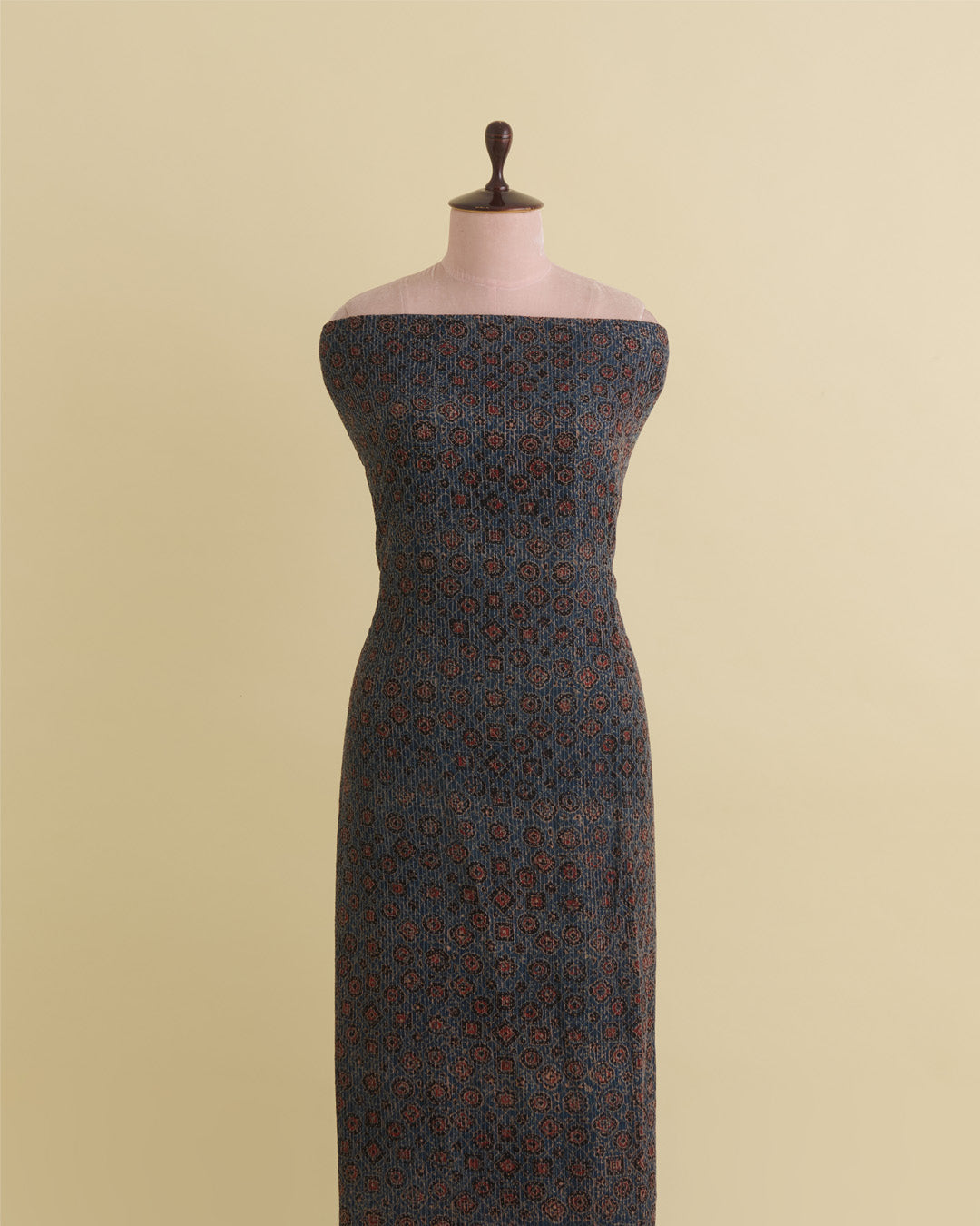 Slub Silk Ajrakh Printed Embroidery Fabric with Stitches Indigo Blue