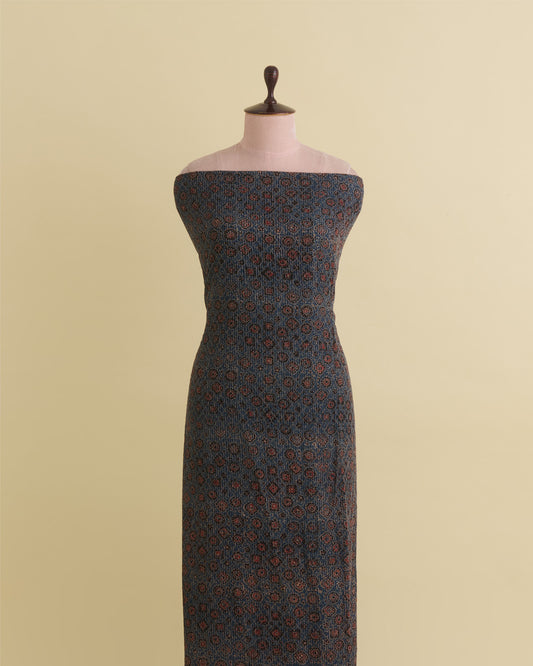 Slub Silk Ajrakh Printed Embroidery Fabric with Stitches Indigo Blue