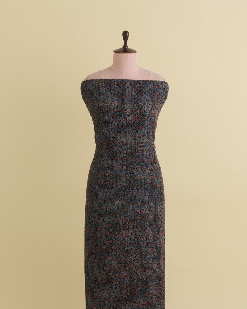 Slub Silk Ajrakh Printed Embroidery Fabric with Stitches Indigo Blue