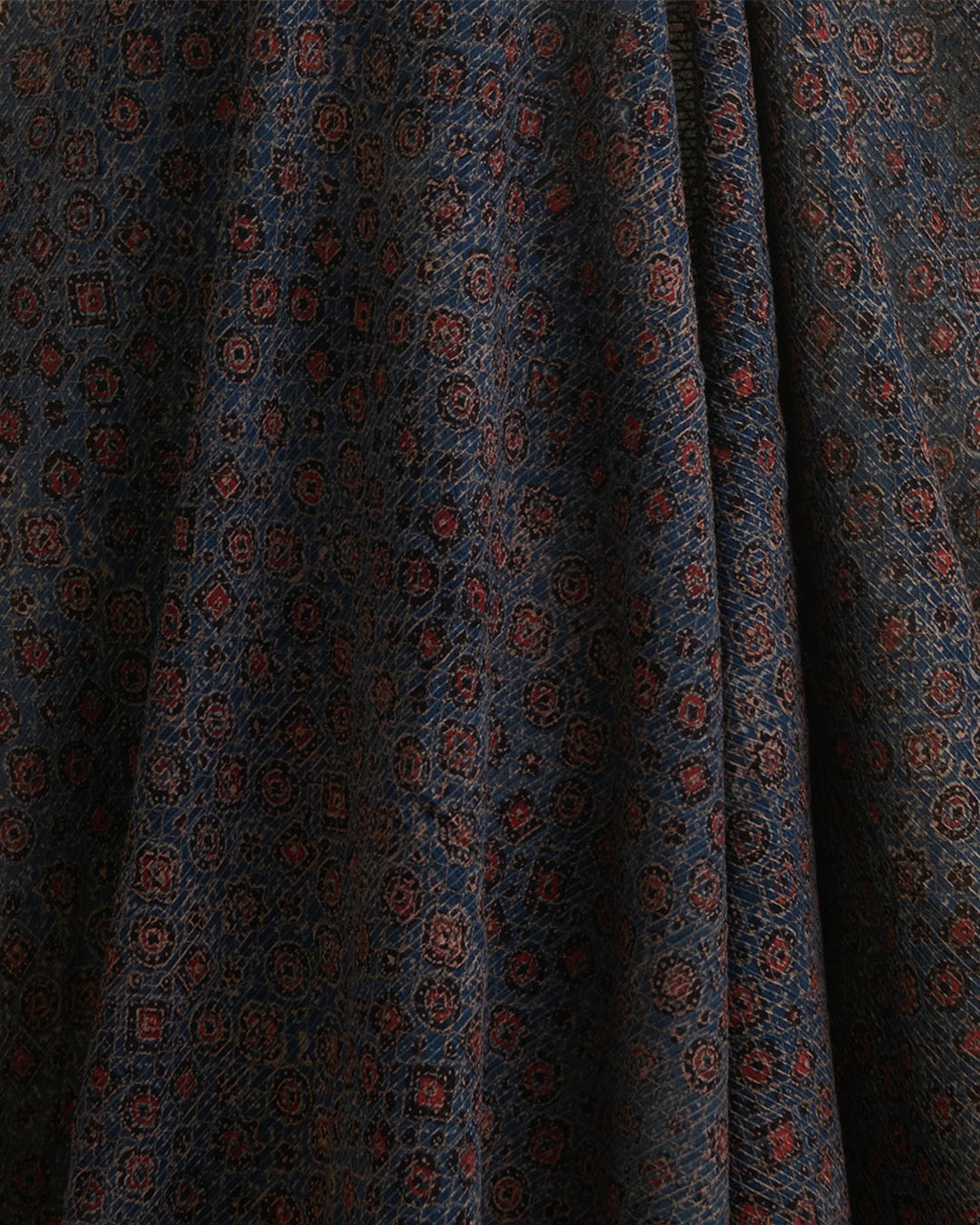 Slub Silk Ajrakh Printed Embroidery Fabric with Stitches Indigo Blue