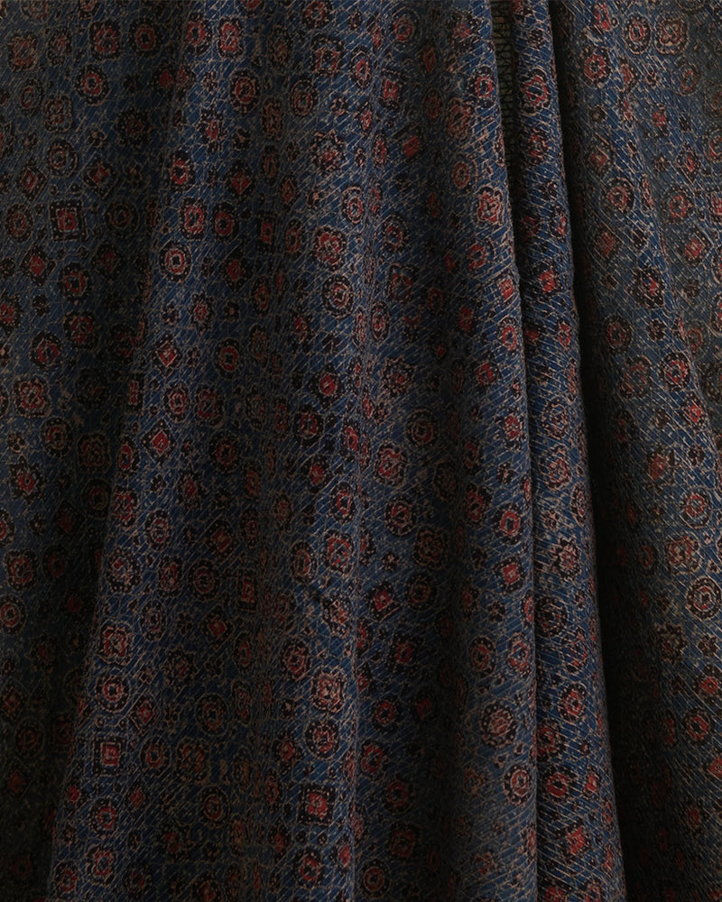 Slub Silk Ajrakh Printed Embroidery Fabric with Stitches Indigo Blue