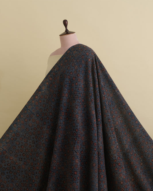 Slub Silk Ajrakh Printed Embroidery Fabric with Stitches Indigo Blue