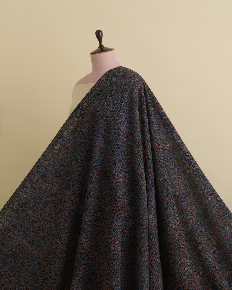 Slub Silk Ajrakh Printed Embroidery Fabric with Stitches Indigo Blue