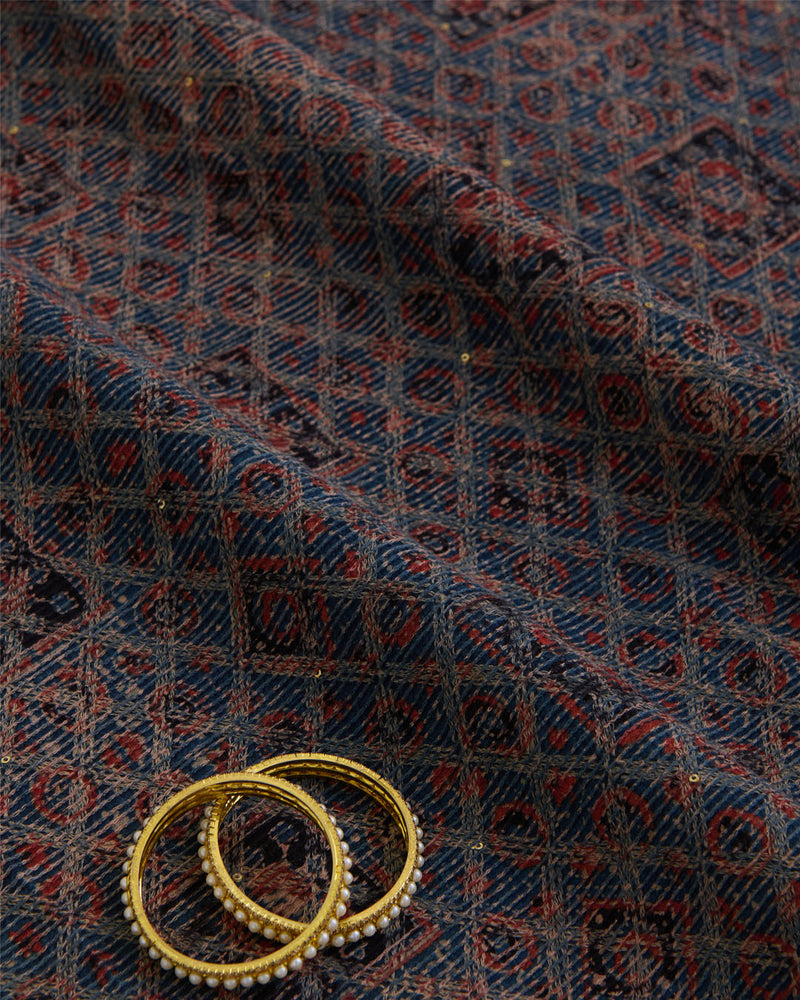 Slub Silk Ajrakh Printed Embroidery Fabric Indigo Blue