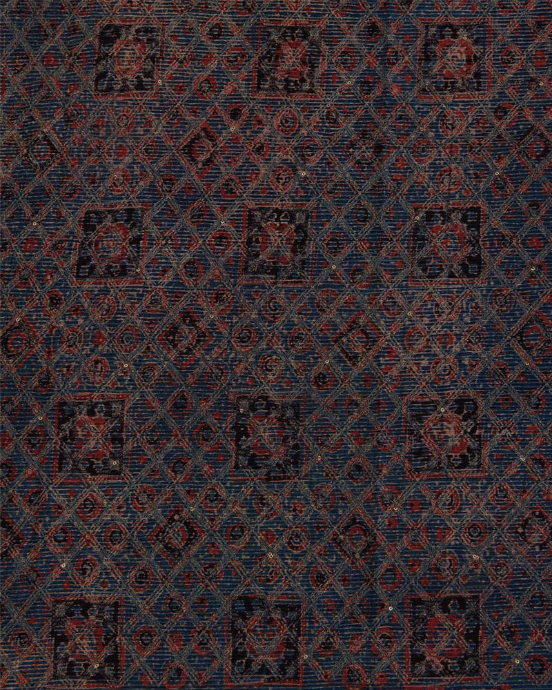 Slub Silk Ajrakh Printed Embroidery Fabric Indigo Blue