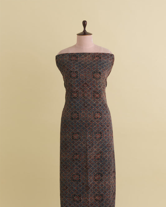 Slub Silk Ajrakh Printed Embroidery Fabric Indigo Blue