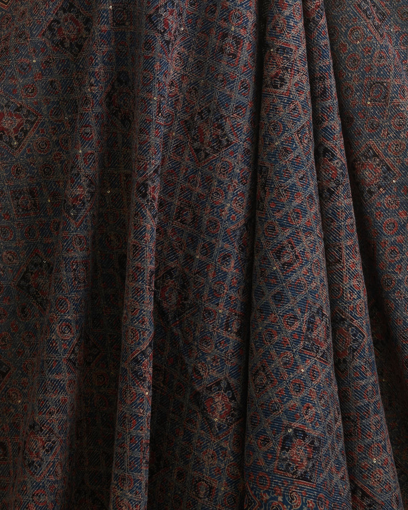 Slub Silk Ajrakh Printed Embroidery Fabric Indigo Blue