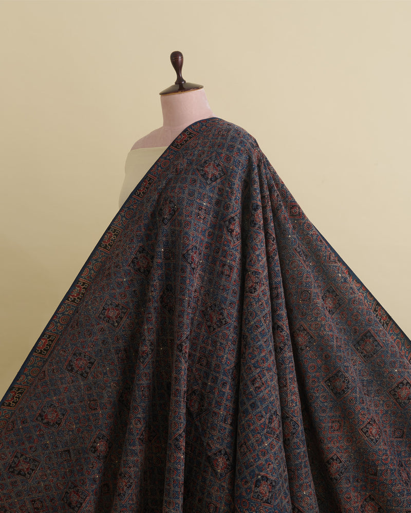 Slub Silk Ajrakh Printed Embroidery Fabric Indigo Blue