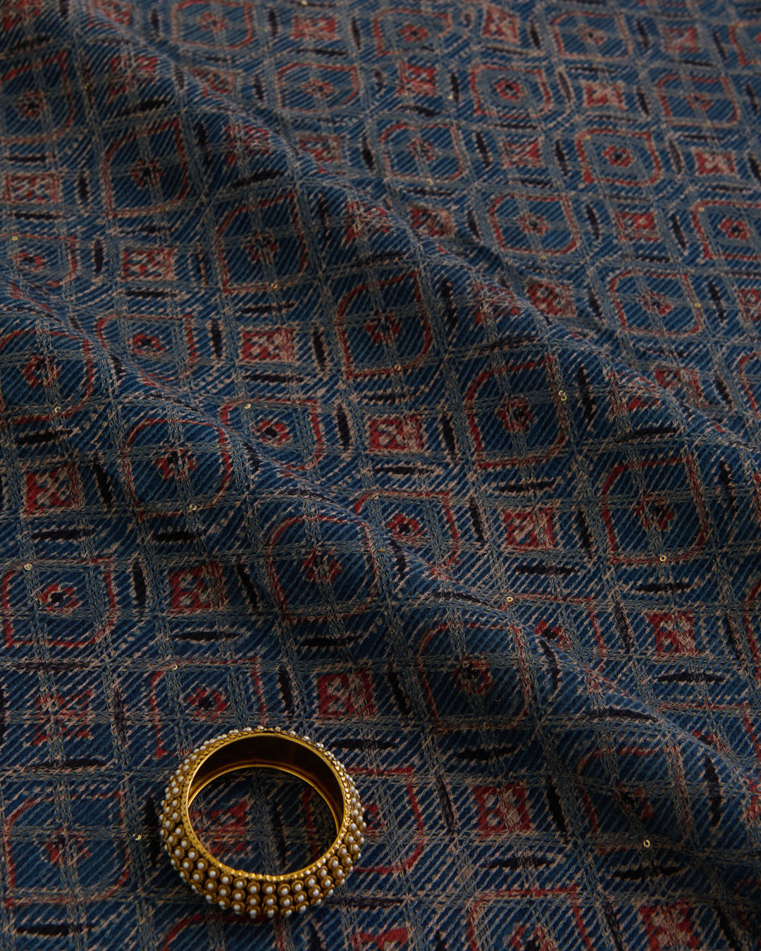 Slub Silk Ajrakh Printed Embroidery Fabric Indigo Blue