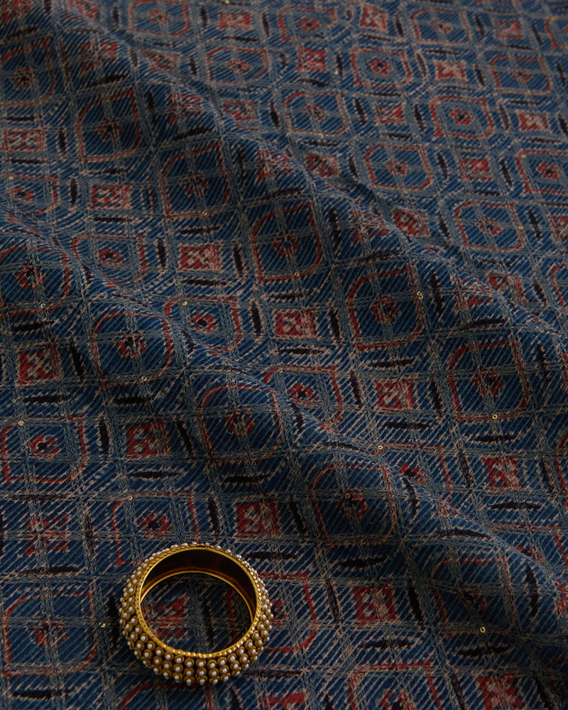 Slub Silk Ajrakh Printed Embroidery Fabric Indigo Blue