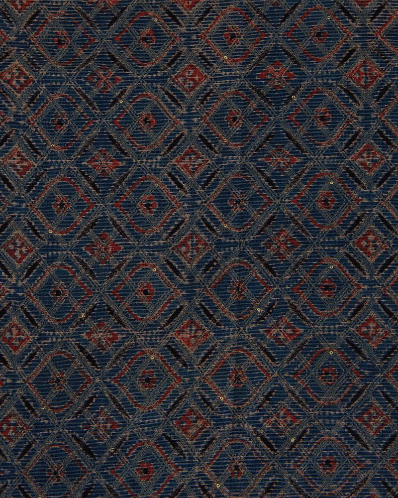 Slub Silk Ajrakh Printed Embroidery Fabric Indigo Blue