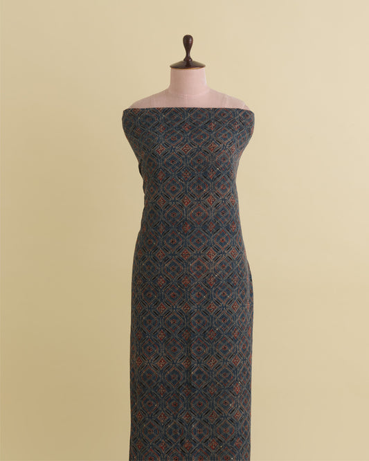 Slub Silk Ajrakh Printed Embroidery Fabric Indigo Blue