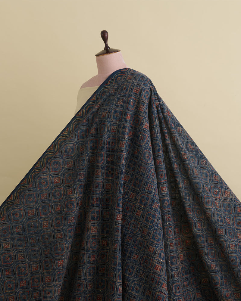 Slub Silk Ajrakh Printed Embroidery Fabric Indigo Blue