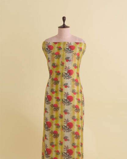 Lime Green Silk Chanderi Floral Buta Printed Fabric