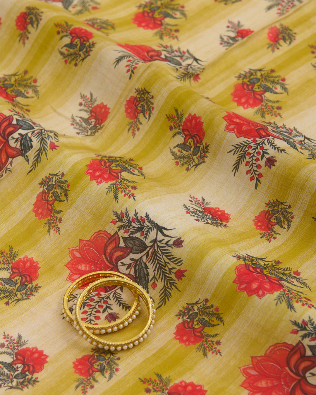 Lime Green Silk Chanderi Floral Buta Printed Fabric