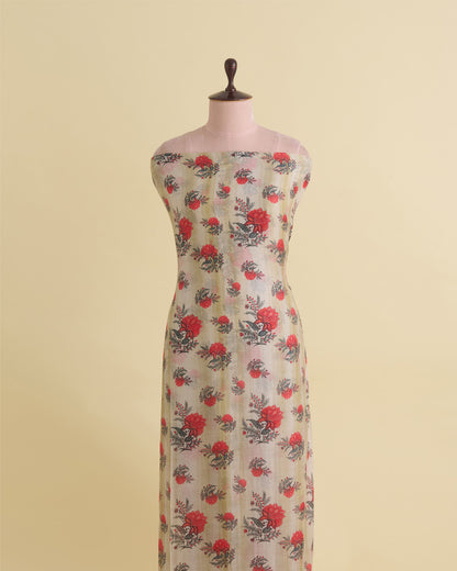 Light Beige Silk Chanderi Floral Buta Printed Fabric