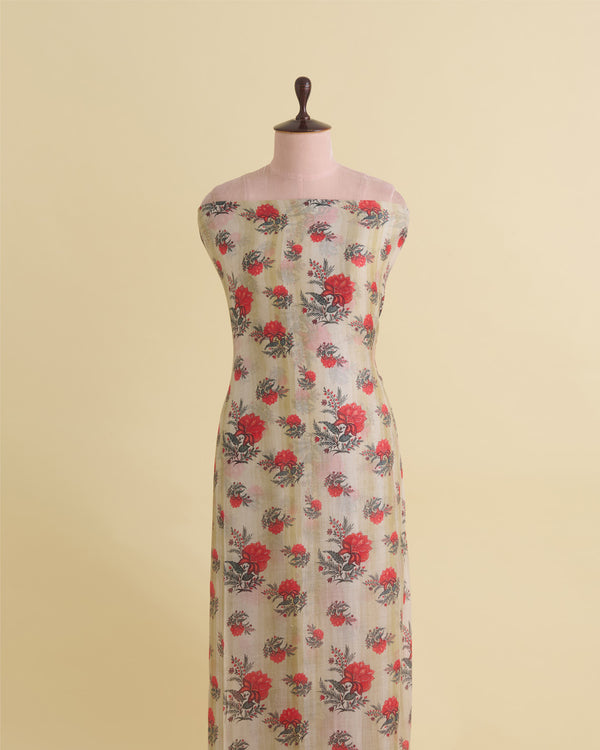 Light Beige Silk Chanderi Floral Buta Printed Fabric