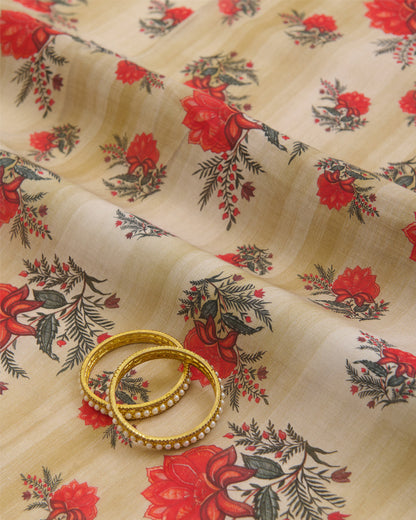 Light Beige Silk Chanderi Floral Buta Printed Fabric