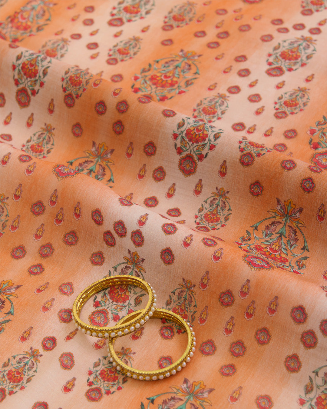 Light Coral Silk Chanderi Floral Buta Printed Fabric