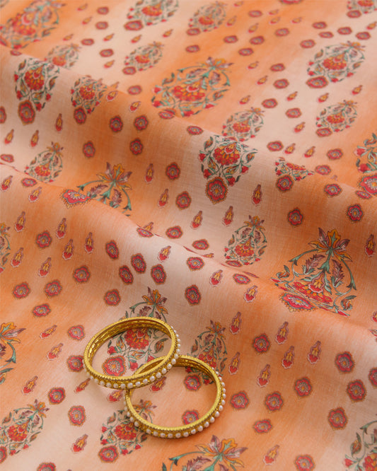Light Coral Silk Chanderi Floral Buta Printed Fabric