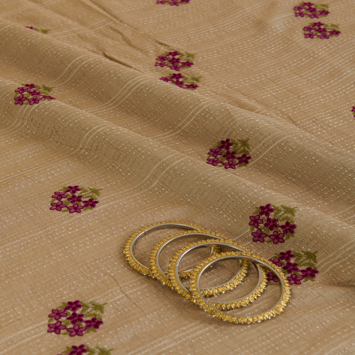 Light Beige Slub Silk Thread Embroidered Stripes Buta Fabric