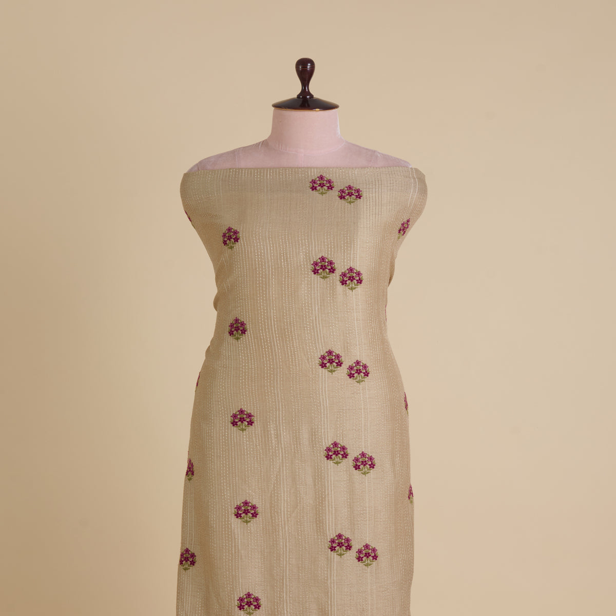 Light Beige Slub Silk Thread Embroidered Stripes Buta Fabric