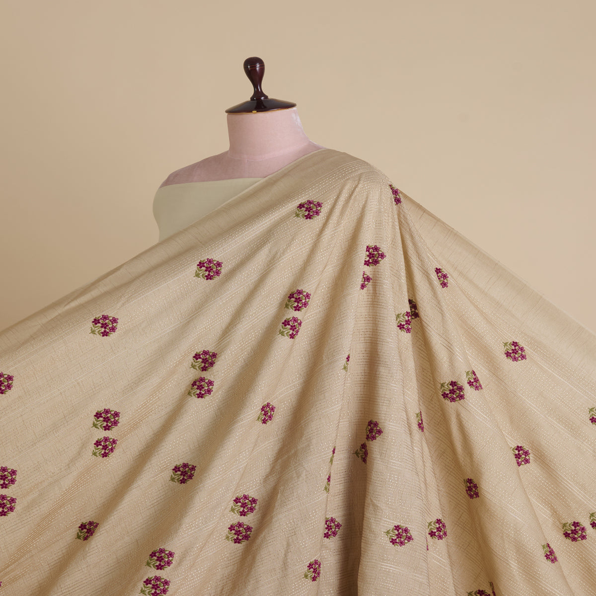 Light Beige Slub Silk Thread Embroidered Stripes Buta Fabric