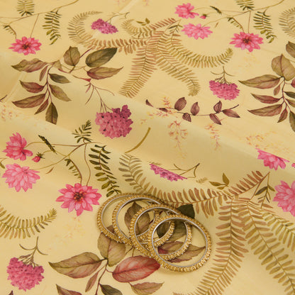 Lemon Yellow Semi Tussar Silk Floral Fabric