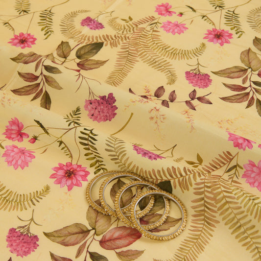 Lemon Yellow Semi Tussar Silk Floral Fabric