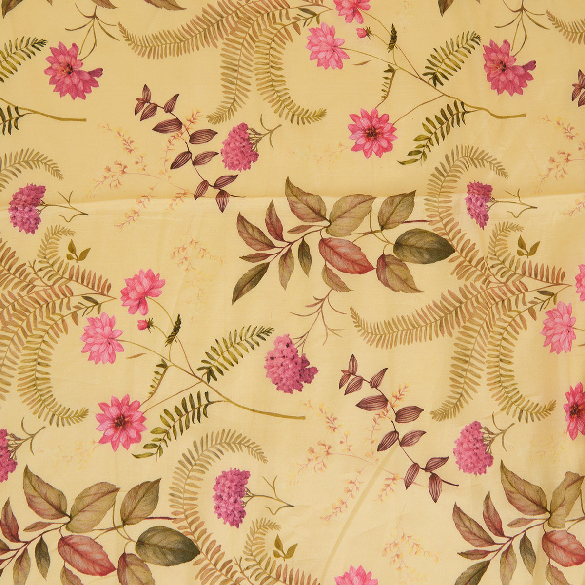 Lemon Yellow Semi Tussar Silk Floral Fabric