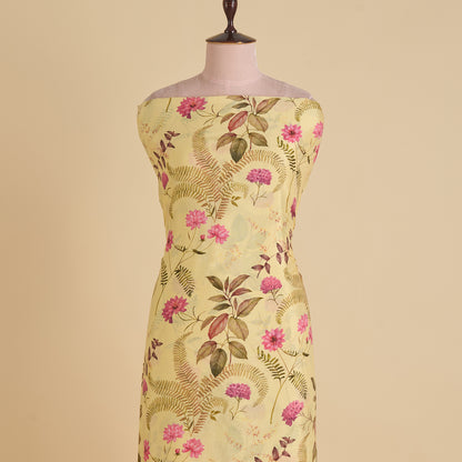 Lemon Yellow Semi Tussar Silk Floral Fabric