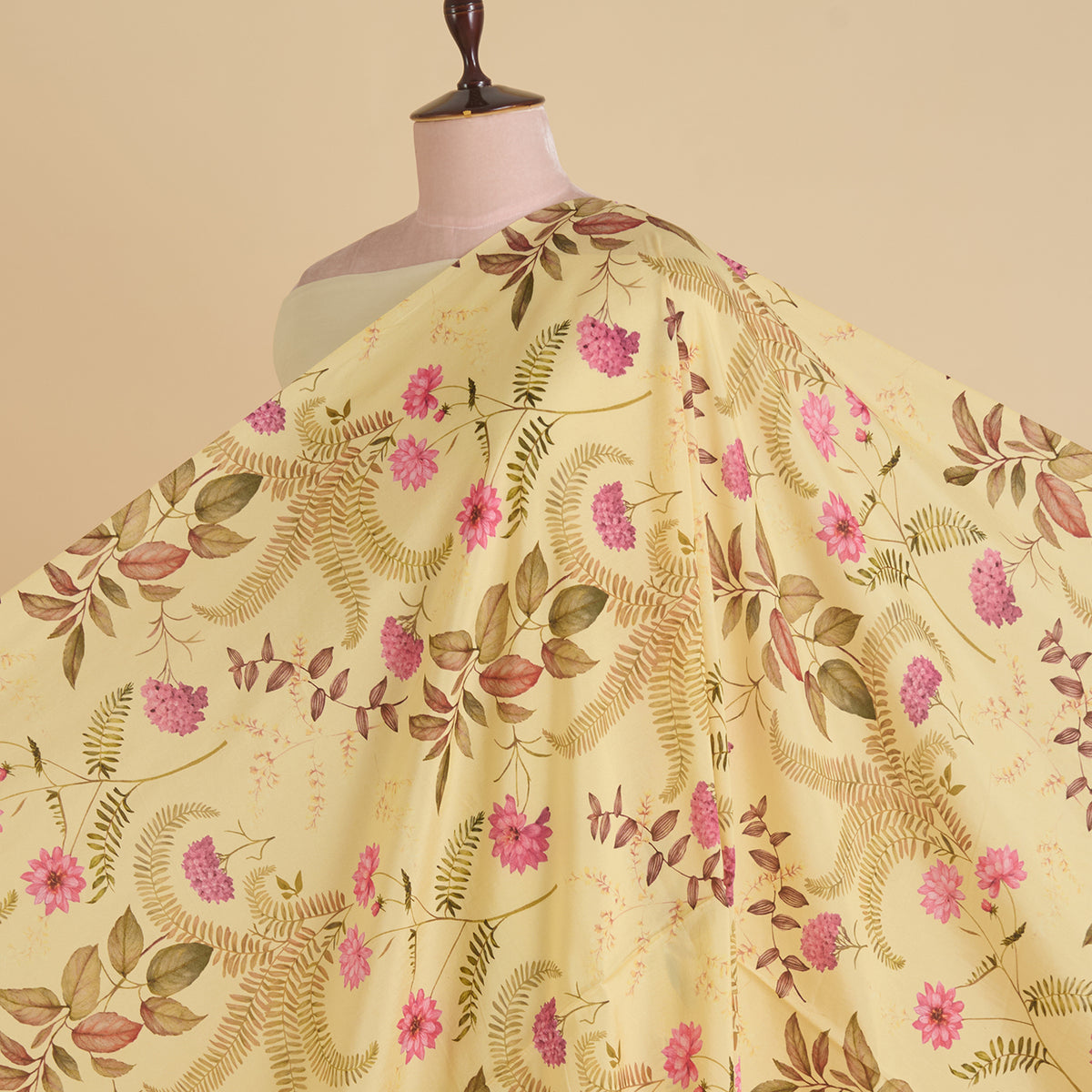 Lemon Yellow Semi Tussar Silk Floral Fabric