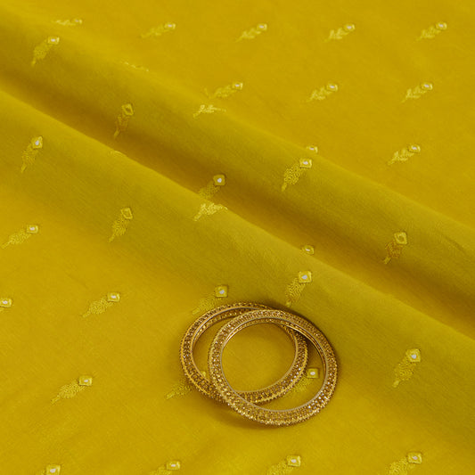 Lime Green Slub Silk Mirror Work Fabric