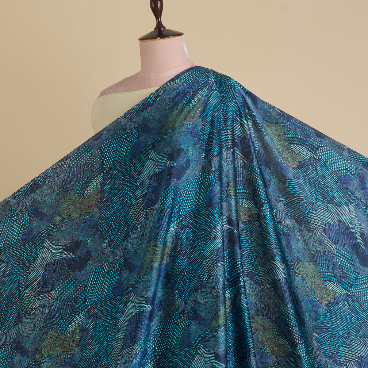 Midnight Blue Satin Silk Abstract Print Fabric