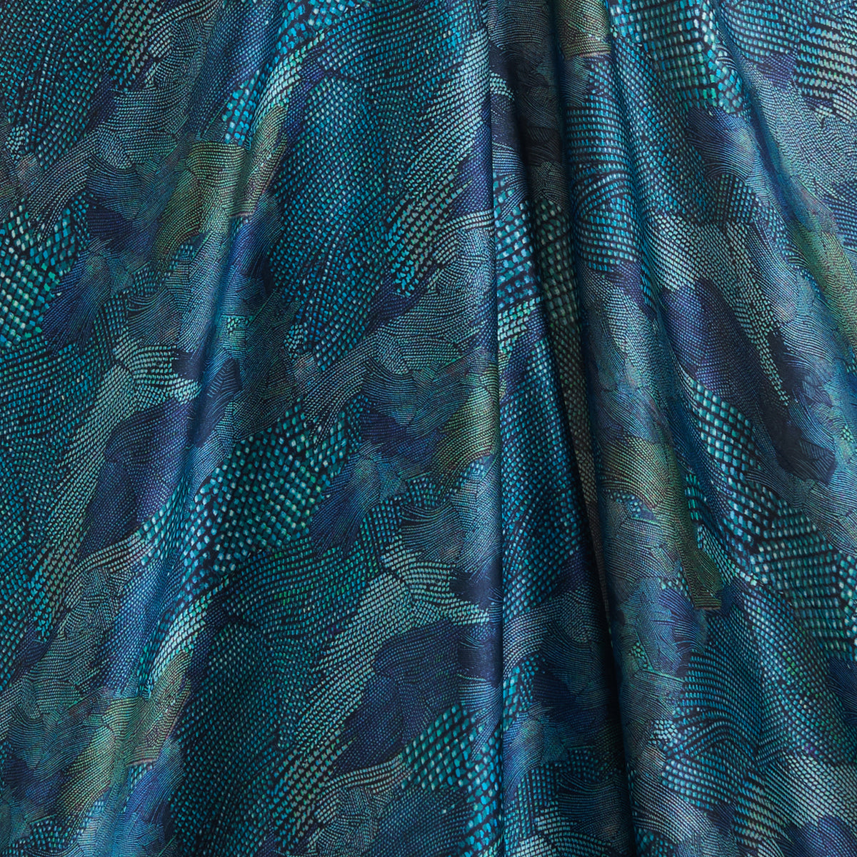 Midnight Blue Satin Silk Abstract Print Fabric