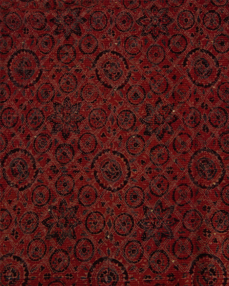 Slub Silk Ajrakh Printed With Stitches & Sequins Embroidery Fabric Maroon