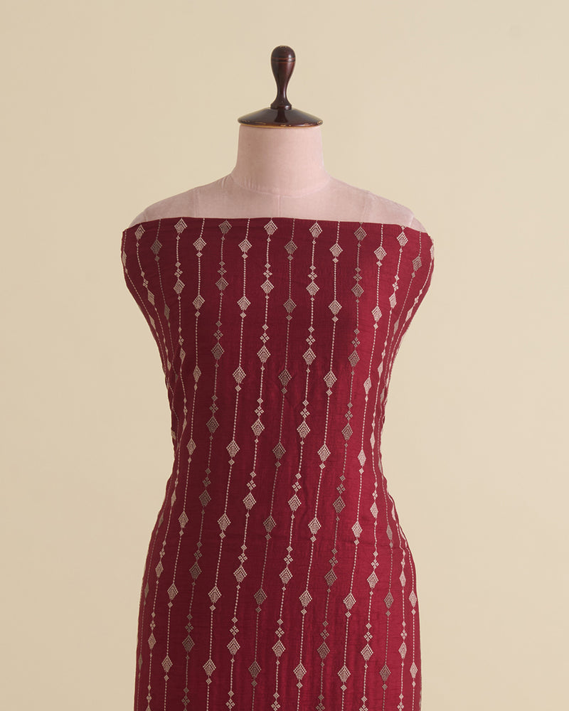Maroon Slub Silk Thread Stripe Embroidery Fabric