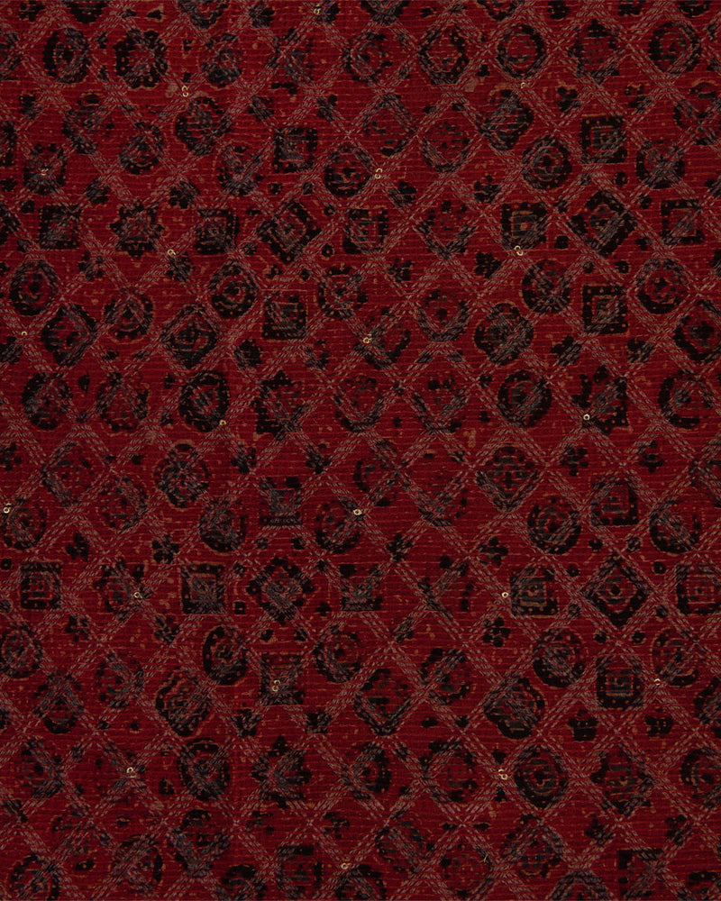 Slub Silk Ajrakh Printed With Stitches & Sequins Embroidery Fabric Maroon