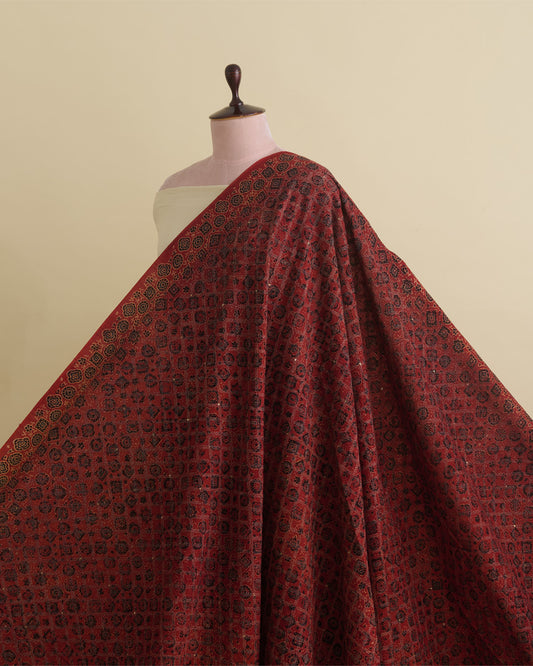 Slub Silk Ajrakh Printed With Stitches & Sequins Embroidery Fabric Maroon