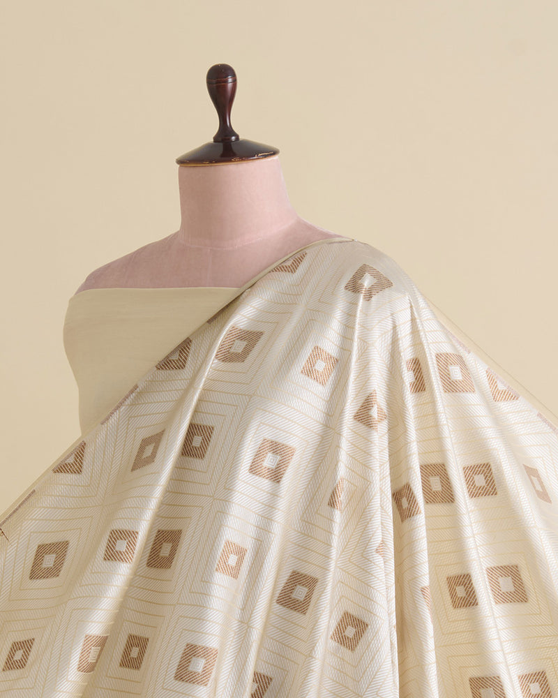White Silk Resham Geometric Antique Mina Brocade Fabric