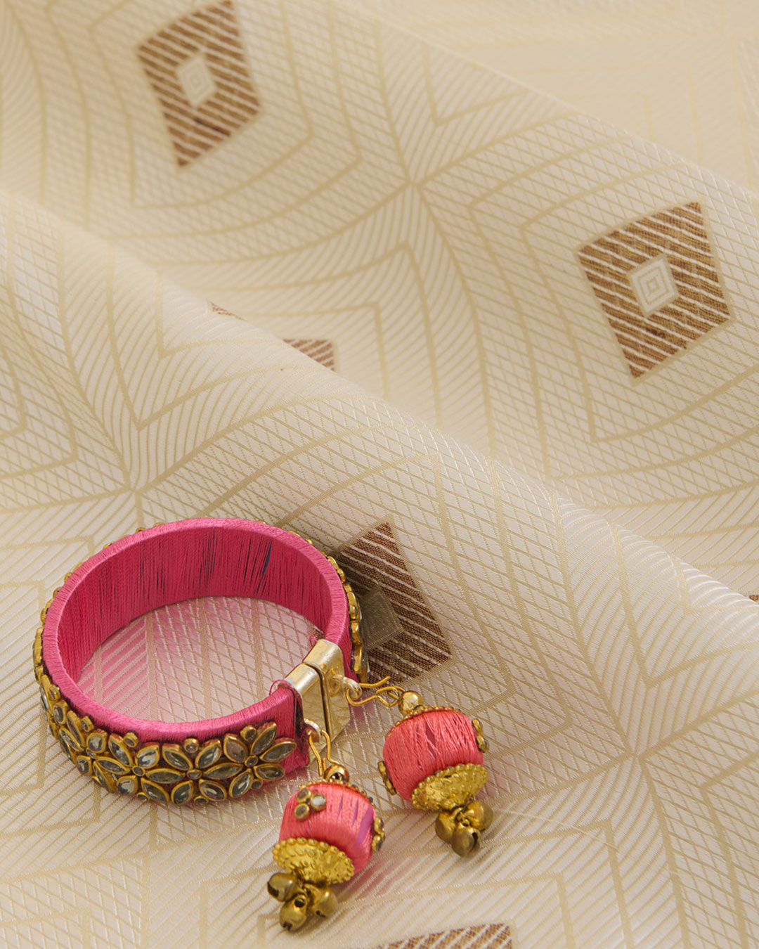 White Silk Resham Geometric Antique Mina Brocade Fabric