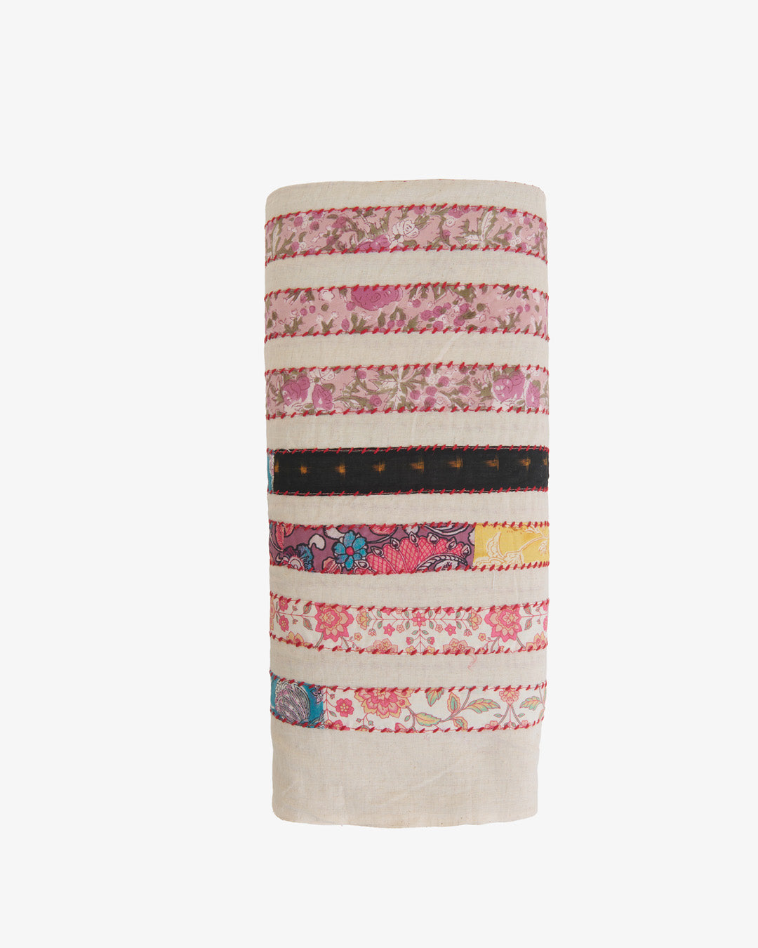 South Cotton Printed Applique Stripes Embroidery with Kantha Work Fabric – Natural