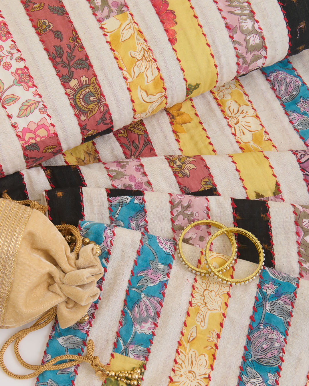 South Cotton Printed Applique Stripes Embroidery with Kantha Work Fabric – Natural