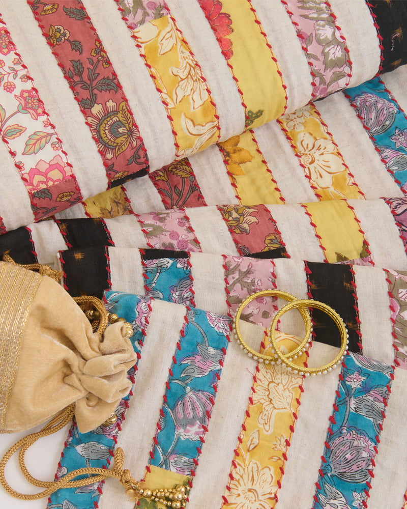 South Cotton Printed Applique Stripes Embroidery with Kantha Work Fabric – Natural