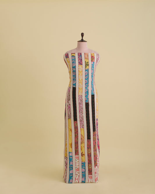South Cotton Printed Applique Stripes Embroidery with Kantha Work Fabric – Natural