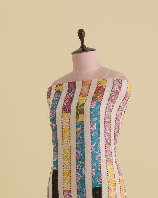 South Cotton Printed Applique Stripes Embroidery with Kantha Work Fabric – Natural