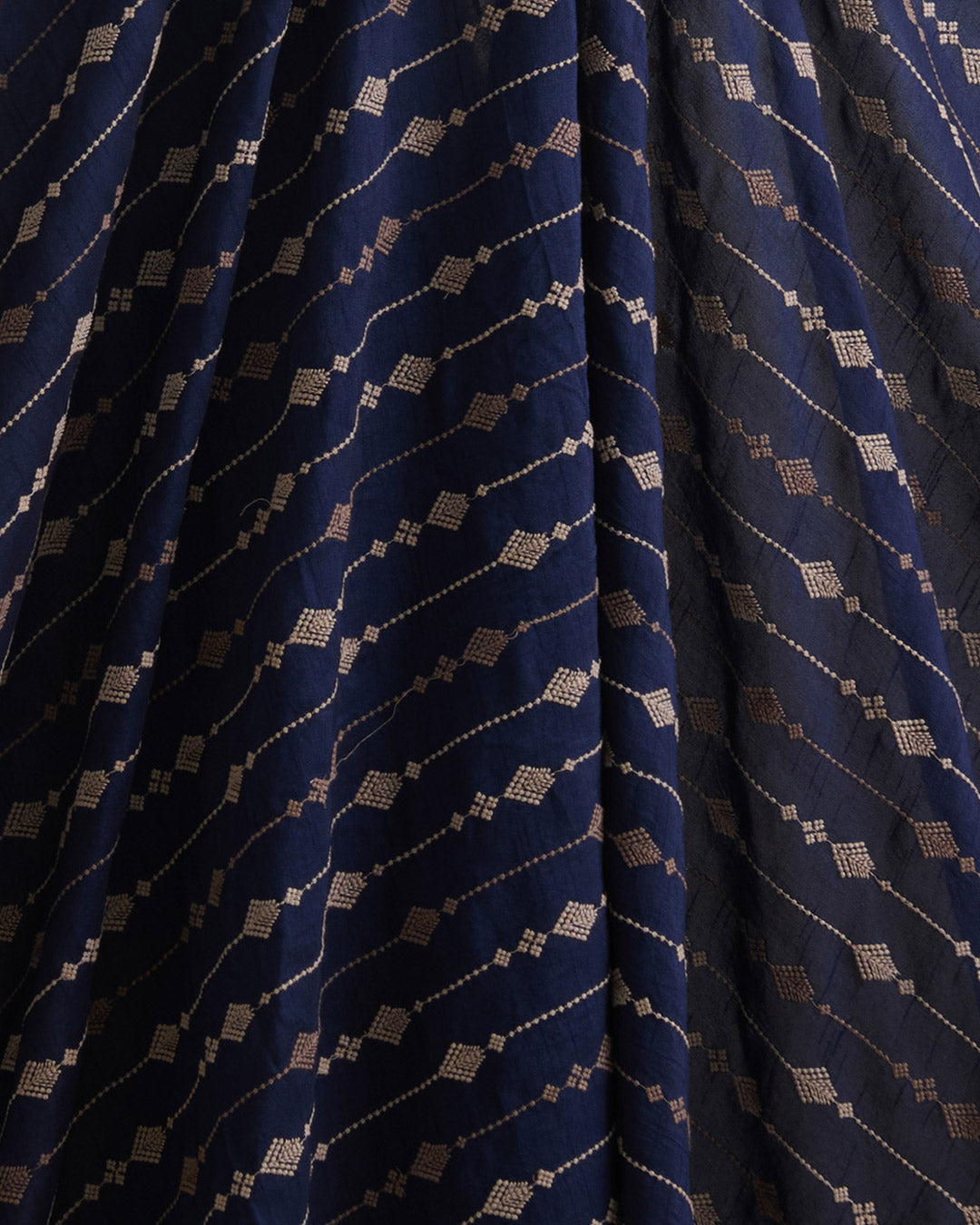 Navy Blue Slub Silk Thread Stripe Embroidery Fabric