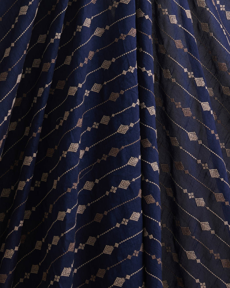 Navy Blue Slub Silk Thread Stripe Embroidery Fabric