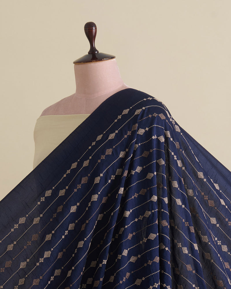 Navy Blue Slub Silk Thread Stripe Embroidery Fabric